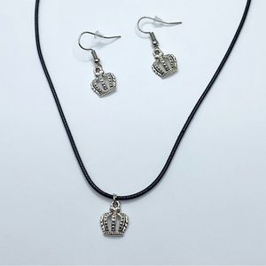 Black Necklace & earrings silver tone diamond or antique-like pendant (Crown)